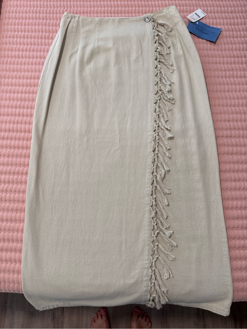 Cambridge Dry Goods Cream Pencil Skirt with Tassel Trim